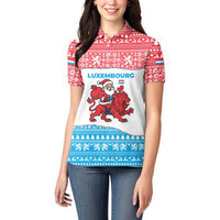 Luxembourg Christmas Women Polo Shirt with Santa Claus Red Lion Snowflake Pattern and National Flag Design - Wonder Print Shop