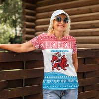 Luxembourg Christmas Women Polo Shirt with Santa Claus Red Lion Snowflake Pattern and National Flag Design - Wonder Print Shop