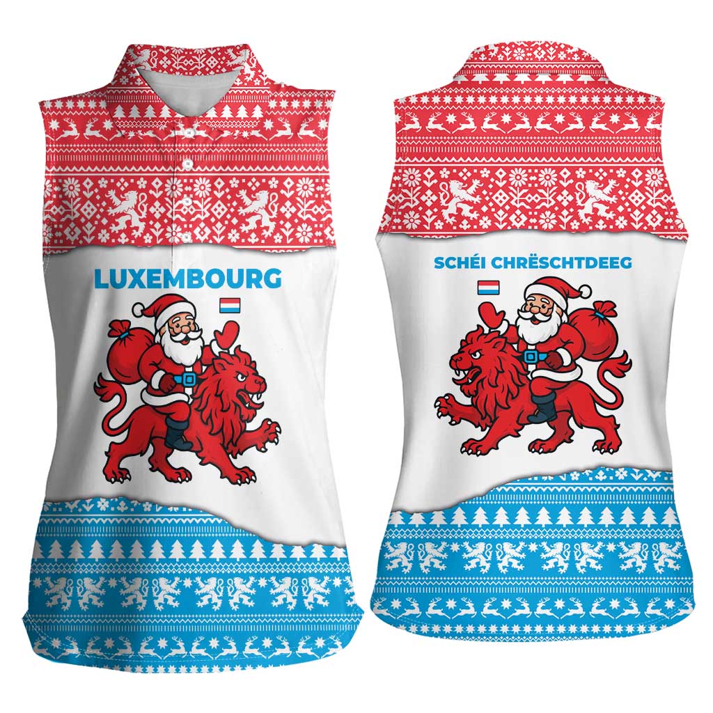 Luxembourg Christmas Women Sleeveless Polo Shirt with Santa Claus Red Lion Snowflake Pattern and National Flag Design - Wonder Print Shop