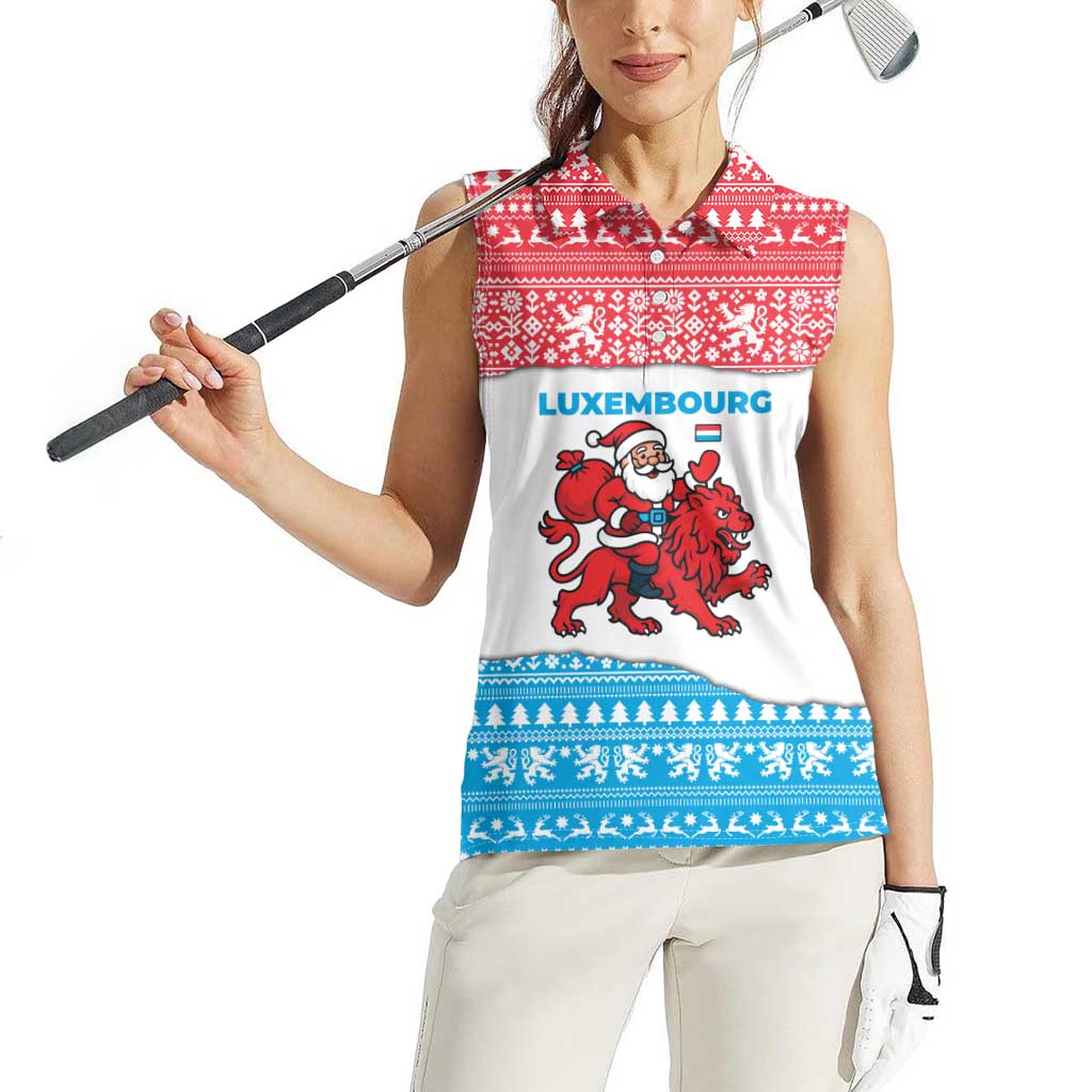 Luxembourg Christmas Women Sleeveless Polo Shirt with Santa Claus Red Lion Snowflake Pattern and National Flag Design - Wonder Print Shop