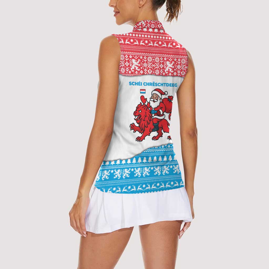 Luxembourg Christmas Women Sleeveless Polo Shirt with Santa Claus Red Lion Snowflake Pattern and National Flag Design - Wonder Print Shop