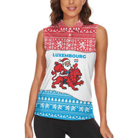 Luxembourg Christmas Women Sleeveless Polo Shirt with Santa Claus Red Lion Snowflake Pattern and National Flag Design - Wonder Print Shop