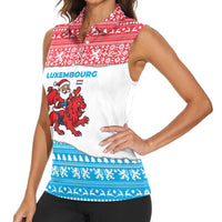 Luxembourg Christmas Women Sleeveless Polo Shirt with Santa Claus Red Lion Snowflake Pattern and National Flag Design - Wonder Print Shop