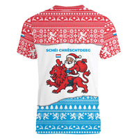 Luxembourg Christmas Women V-Neck T-Shirt with Santa Claus Red Lion Snowflake Pattern and National Flag Design - Wonder Print Shop