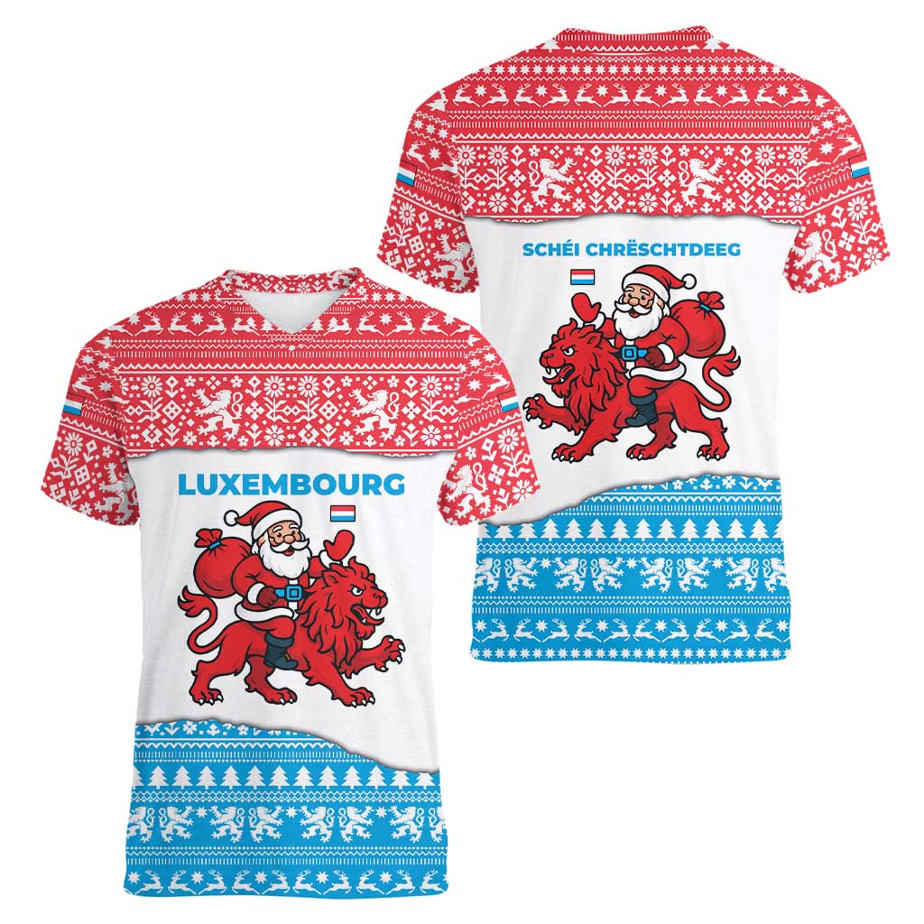 Luxembourg Christmas Women V-Neck T-Shirt with Santa Claus Red Lion Snowflake Pattern and National Flag Design - Wonder Print Shop