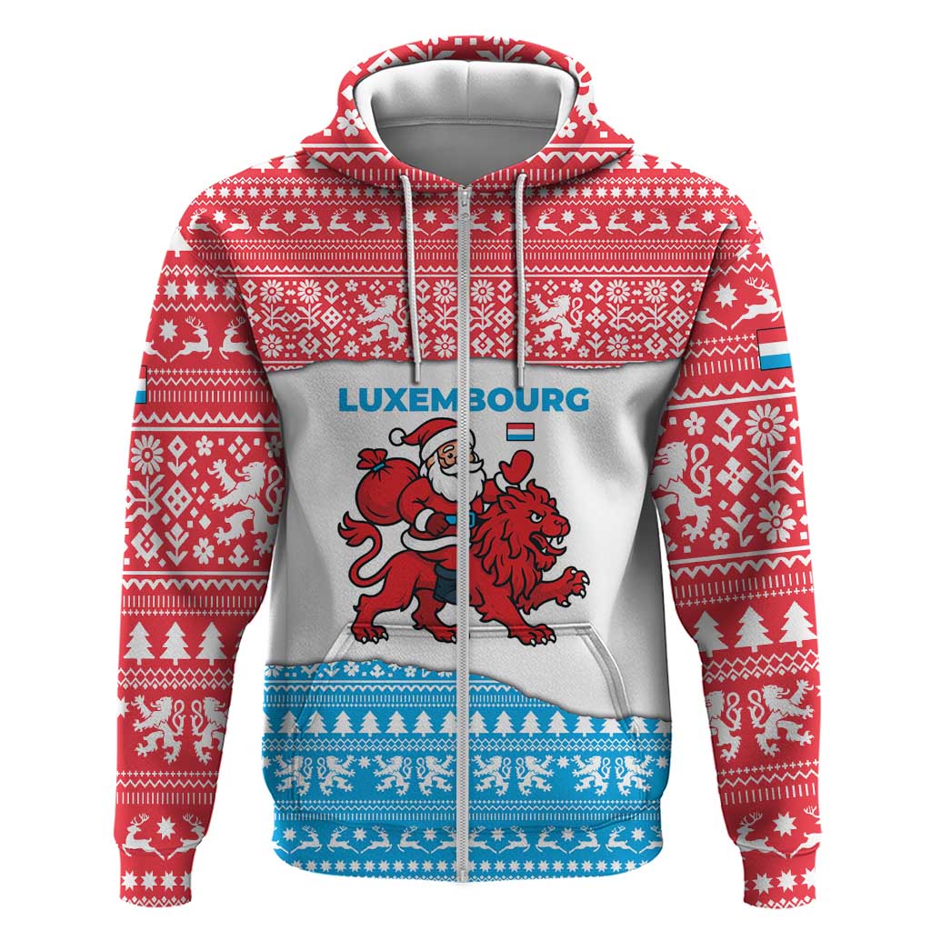 Luxembourg Christmas Zip Hoodie with Santa Claus Red Lion Snowflake Pattern and National Flag Design - Wonder Print Shop