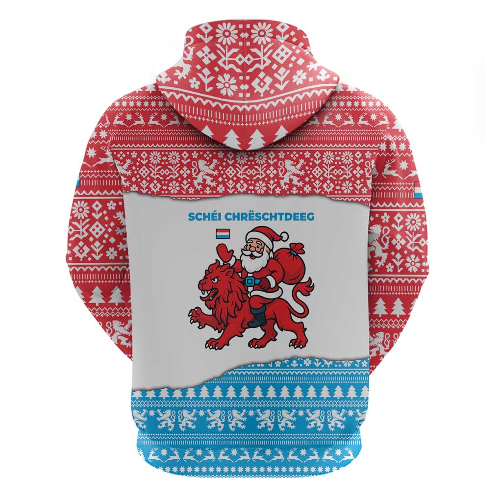 Luxembourg Christmas Zip Hoodie with Santa Claus Red Lion Snowflake Pattern and National Flag Design - Wonder Print Shop