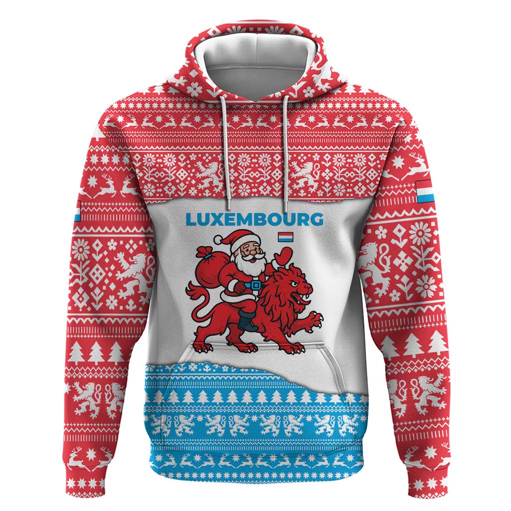 Luxembourg Christmas Zip Hoodie with Santa Claus Red Lion Snowflake Pattern and National Flag Design - Wonder Print Shop