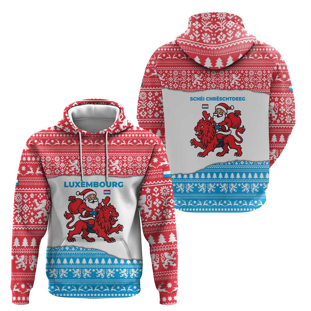 Luxembourg Christmas Zip Hoodie with Santa Claus Red Lion Snowflake Pattern and National Flag Design - Wonder Print Shop