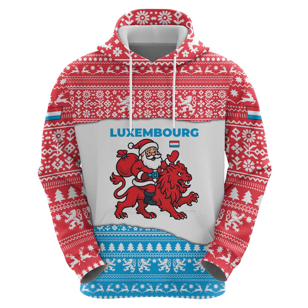 Luxembourg Christmas Zip Hoodie with Santa Claus Red Lion Snowflake Pattern and National Flag Design - Wonder Print Shop