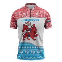 Luxembourg Christmas Zipper Polo Shirt with Santa Claus Red Lion Snowflake Pattern and National Flag Design - Wonder Print Shop