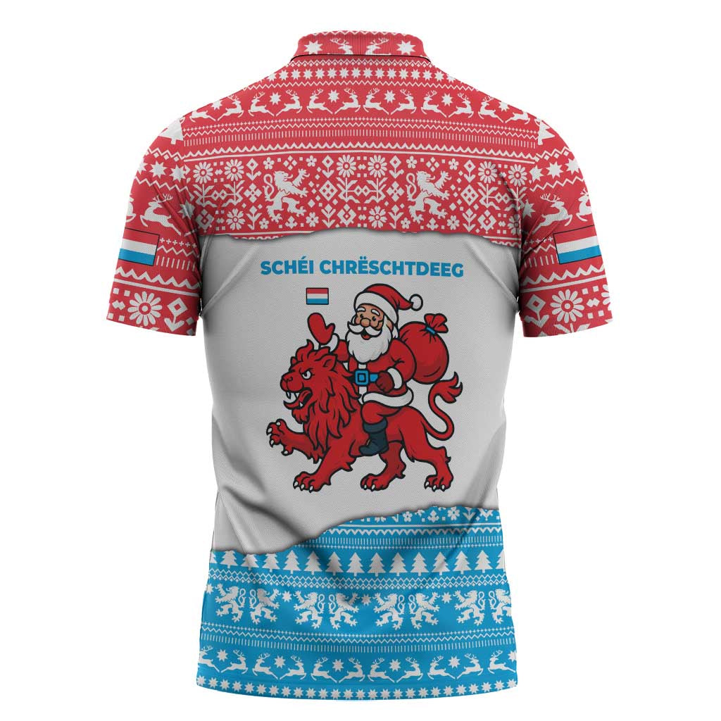 Luxembourg Christmas Zipper Polo Shirt with Santa Claus Red Lion Snowflake Pattern and National Flag Design - Wonder Print Shop