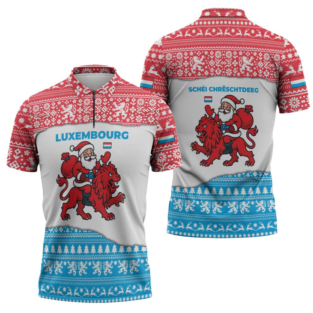 Luxembourg Christmas Zipper Polo Shirt with Santa Claus Red Lion Snowflake Pattern and National Flag Design - Wonder Print Shop