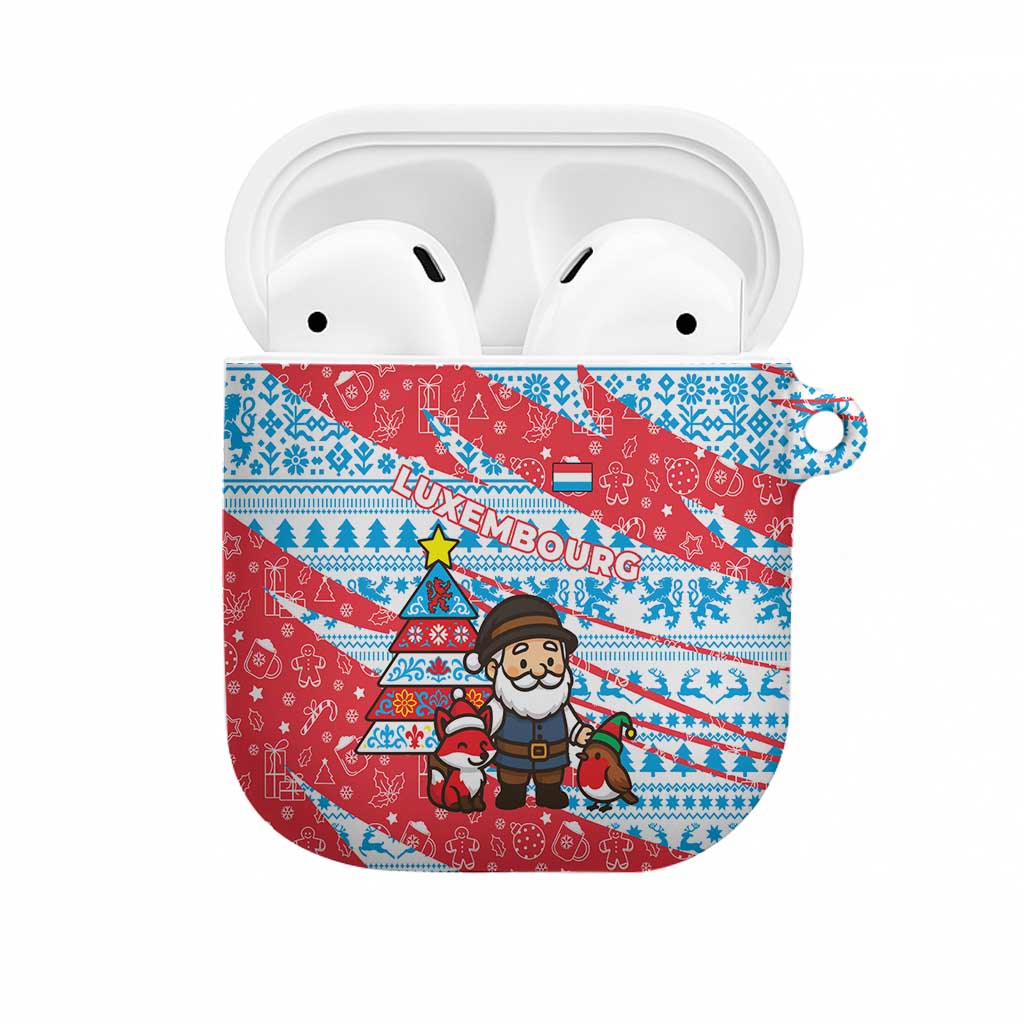 Luxembourg Christmas AirPods Case with Santa Claus Fox Reindeer Tree and Red Blue Pattern Design - Wonder Print Shop