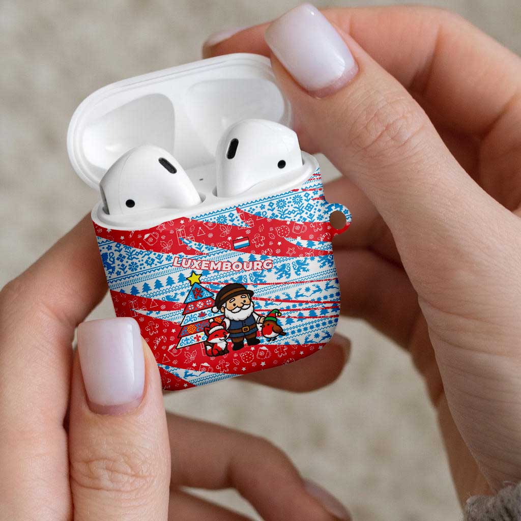 Luxembourg Christmas AirPods Case with Santa Claus Fox Reindeer Tree and Red Blue Pattern Design - Wonder Print Shop
