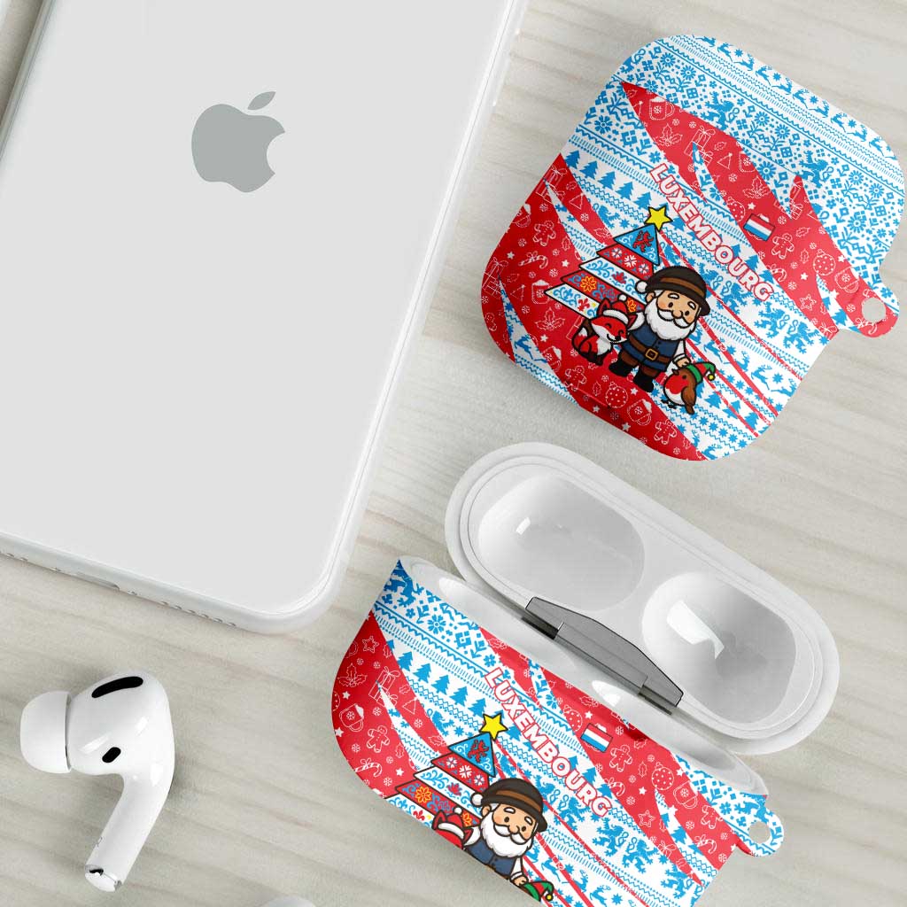Luxembourg Christmas AirPods Case with Santa Claus Fox Reindeer Tree and Red Blue Pattern Design - Wonder Print Shop