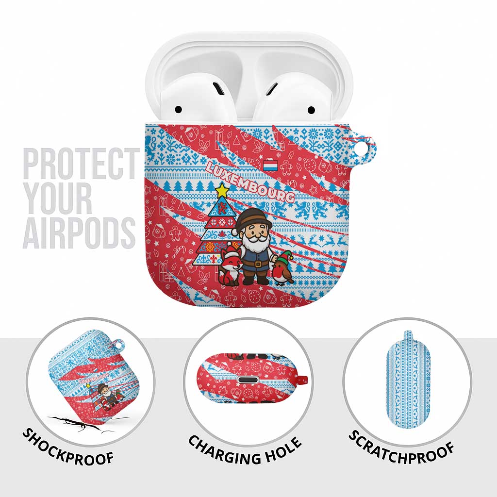 Luxembourg Christmas AirPods Case with Santa Claus Fox Reindeer Tree and Red Blue Pattern Design - Wonder Print Shop