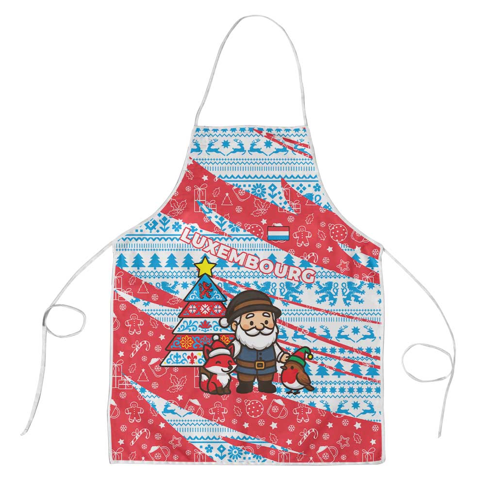 Luxembourg Christmas Apron with Santa Claus Fox Reindeer Tree and Red Blue Pattern Design - Wonder Print Shop
