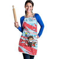 Luxembourg Christmas Apron with Santa Claus Fox Reindeer Tree and Red Blue Pattern Design - Wonder Print Shop