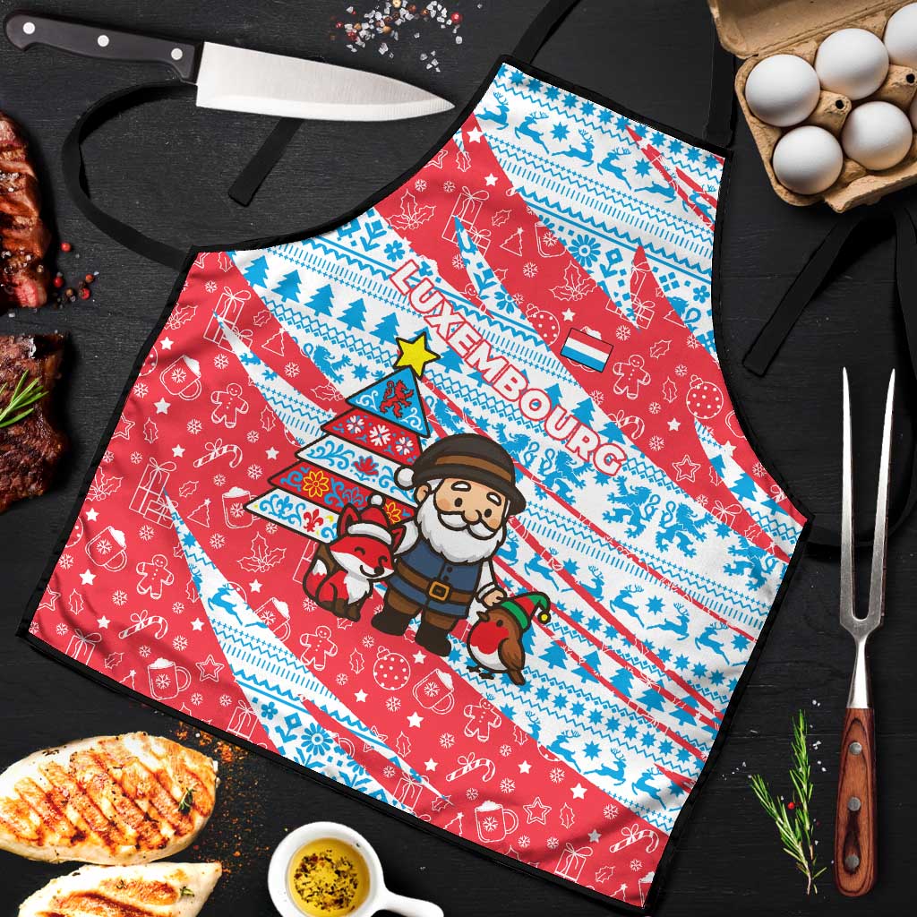 Luxembourg Christmas Apron with Santa Claus Fox Reindeer Tree and Red Blue Pattern Design - Wonder Print Shop