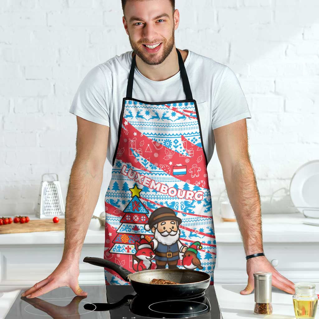 Luxembourg Christmas Apron with Santa Claus Fox Reindeer Tree and Red Blue Pattern Design - Wonder Print Shop