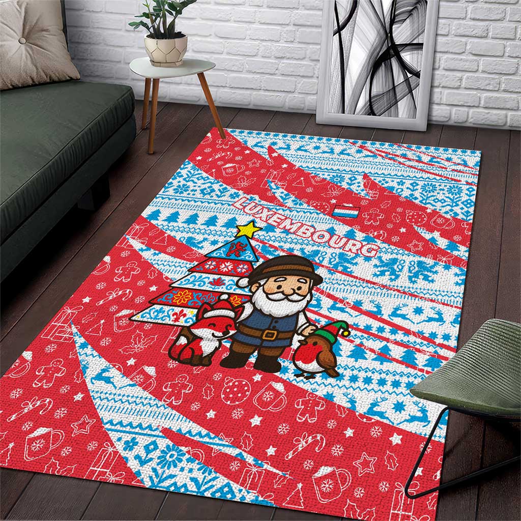 Luxembourg Christmas Area Rug with Santa Claus Fox Reindeer Tree and Red Blue Pattern Design - Wonder Print Shop