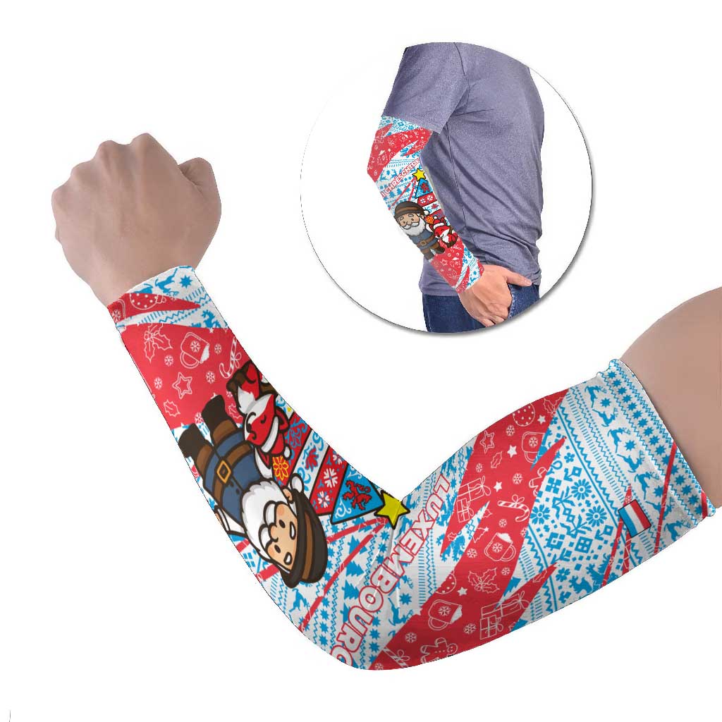 Luxembourg Christmas Arm Sleeves with Santa Claus Fox Reindeer Tree and Red Blue Pattern Design - Wonder Print Shop
