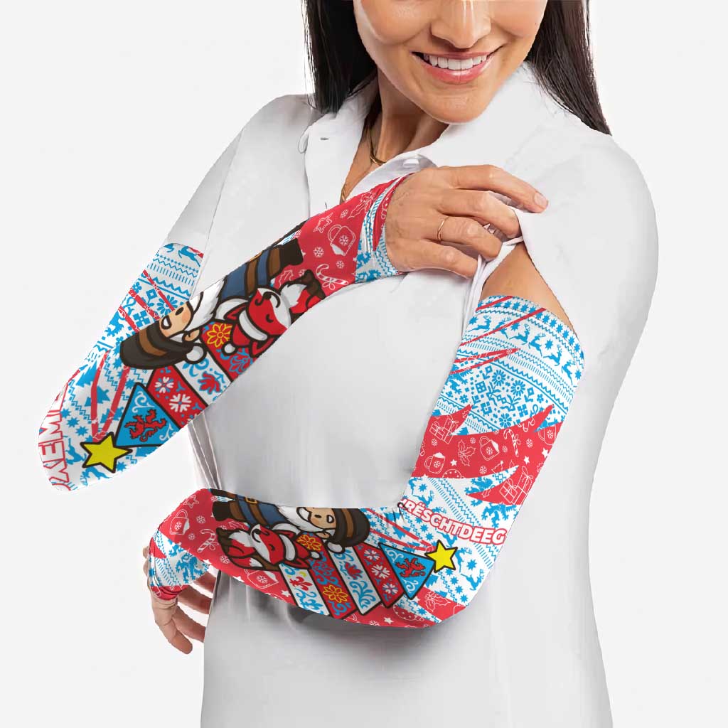 Luxembourg Christmas Arm Sleeves with Santa Claus Fox Reindeer Tree and Red Blue Pattern Design - Wonder Print Shop