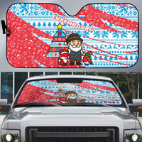 Luxembourg Christmas Auto Sun Shade with Santa Claus Fox Reindeer Tree and Red Blue Pattern Design - Wonder Print Shop