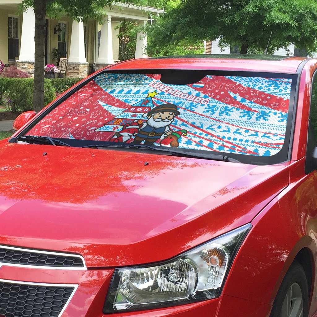 Luxembourg Christmas Auto Sun Shade with Santa Claus Fox Reindeer Tree and Red Blue Pattern Design - Wonder Print Shop