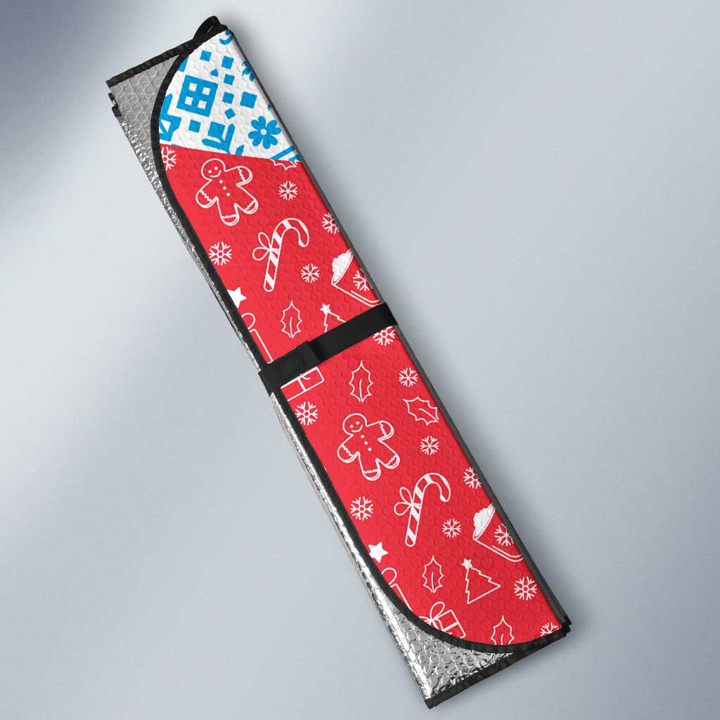 Luxembourg Christmas Auto Sun Shade with Santa Claus Fox Reindeer Tree and Red Blue Pattern Design - Wonder Print Shop