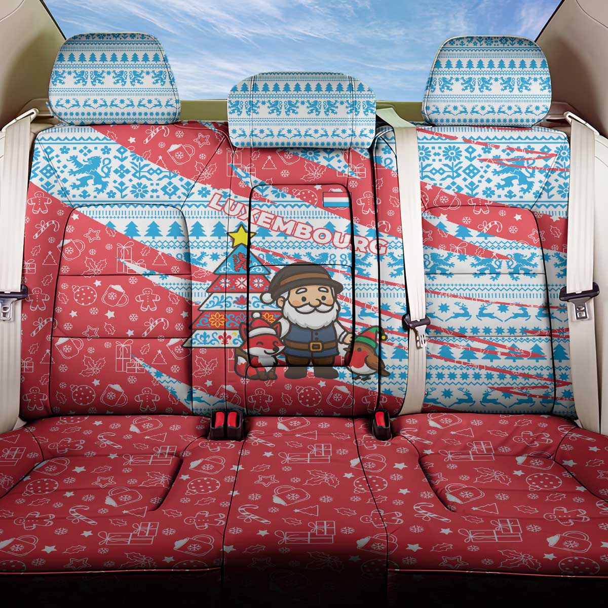 Luxembourg Christmas Back Car Seat Cover with Santa Claus Fox Reindeer Tree and Red Blue Pattern Design - Wonder Print Shop