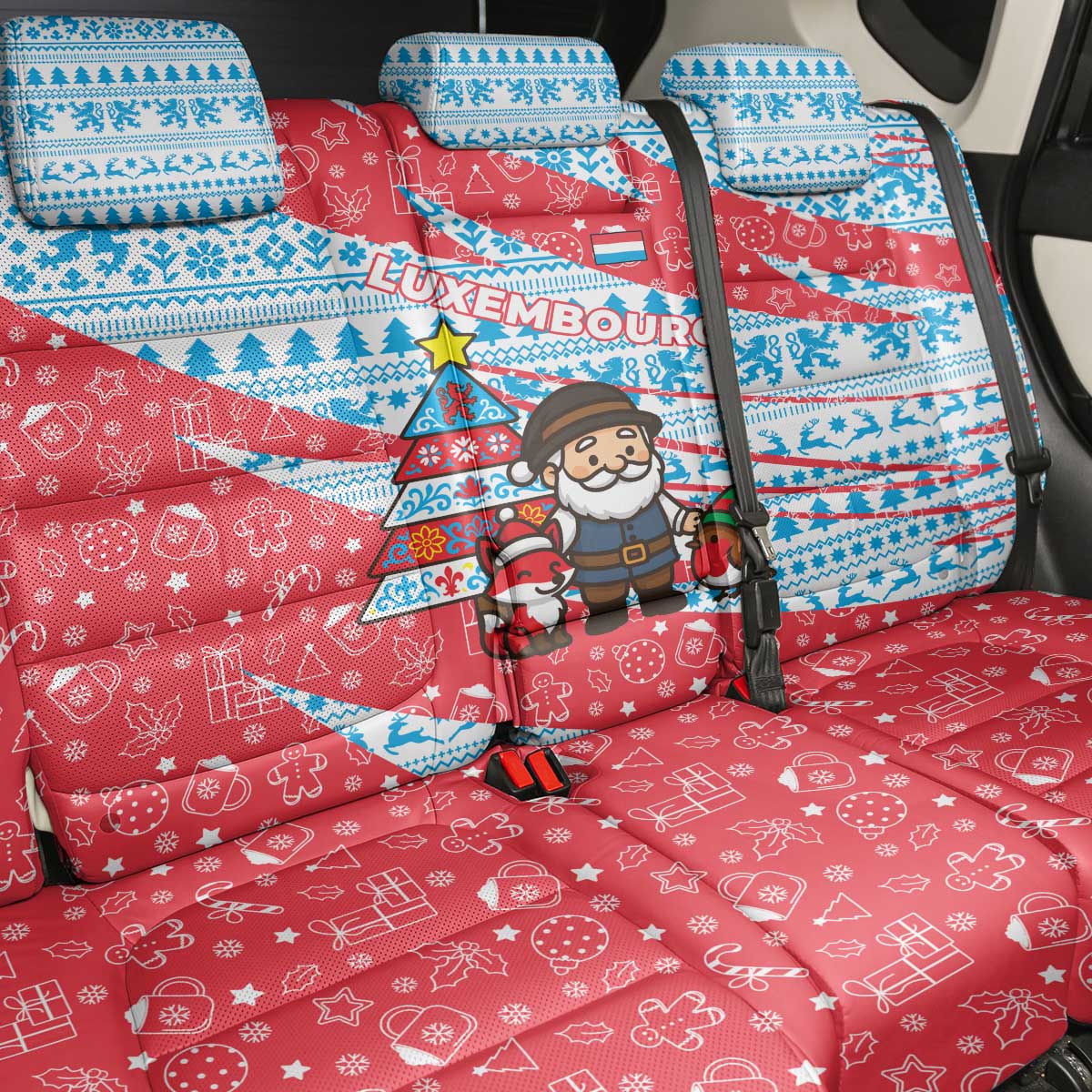 Luxembourg Christmas Back Car Seat Cover with Santa Claus Fox Reindeer Tree and Red Blue Pattern Design - Wonder Print Shop