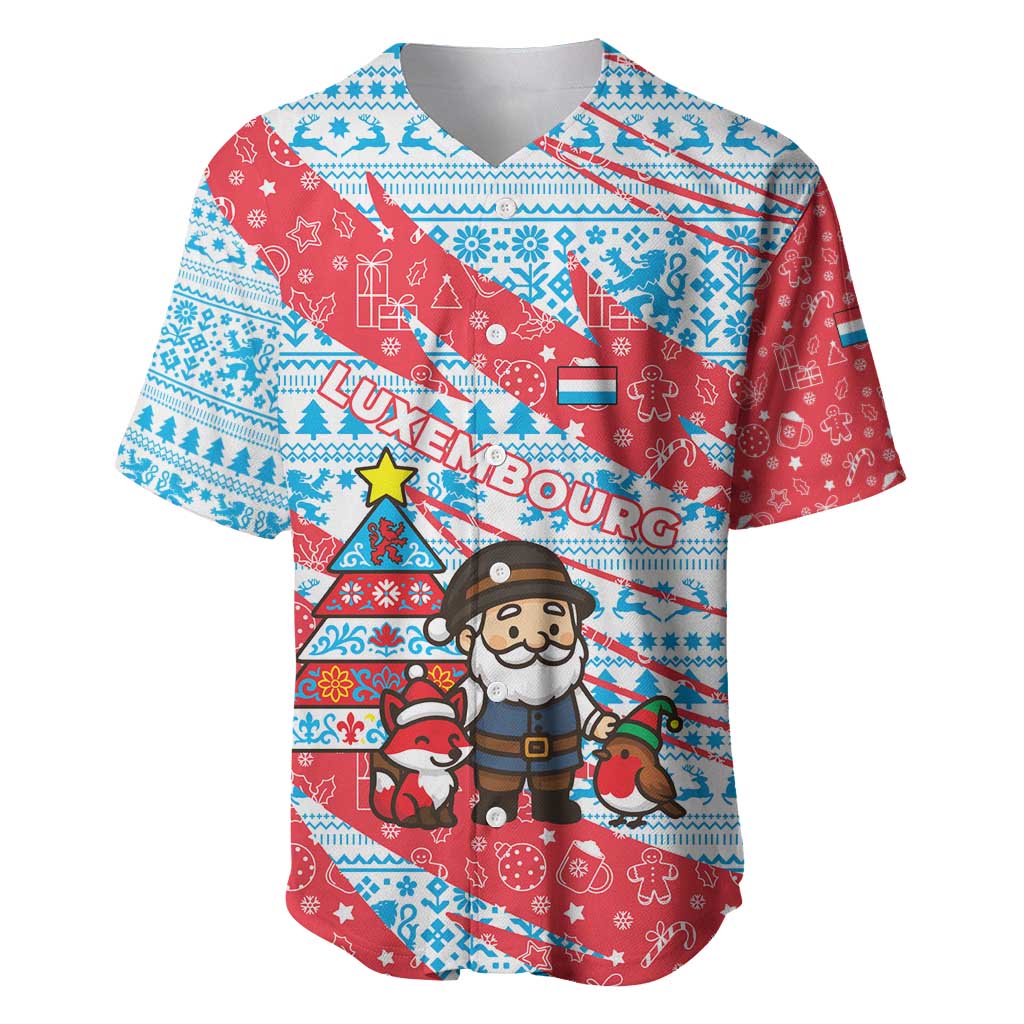 Luxembourg Christmas Baseball Jersey with Santa Claus Fox Reindeer Tree and Red Blue Pattern Design - Wonder Print Shop