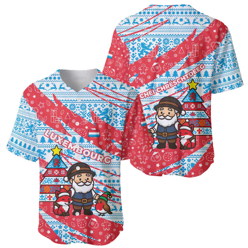 Luxembourg Christmas Baseball Jersey with Santa Claus Fox Reindeer Tree and Red Blue Pattern Design - Wonder Print Shop
