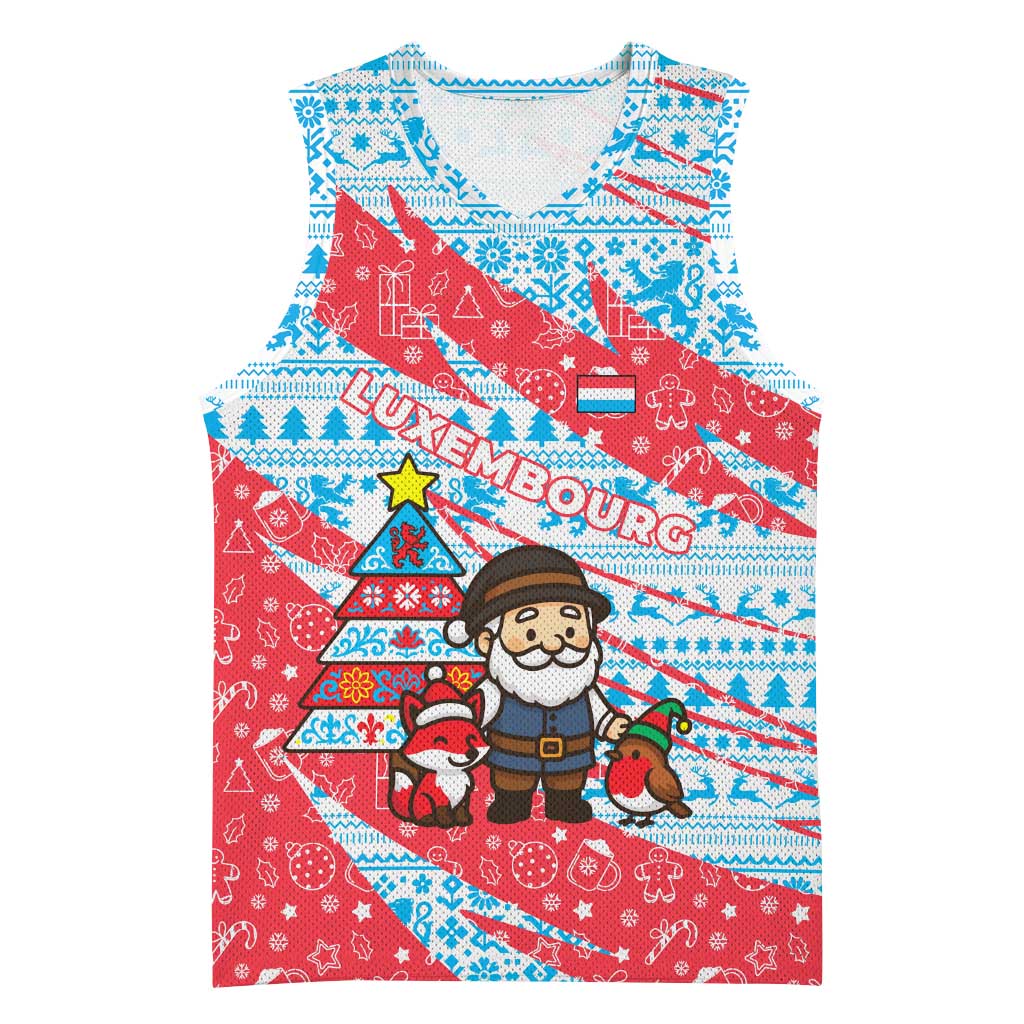 Luxembourg Christmas Basketball Jersey with Santa Claus Fox Reindeer Tree and Red Blue Pattern Design - Wonder Print Shop