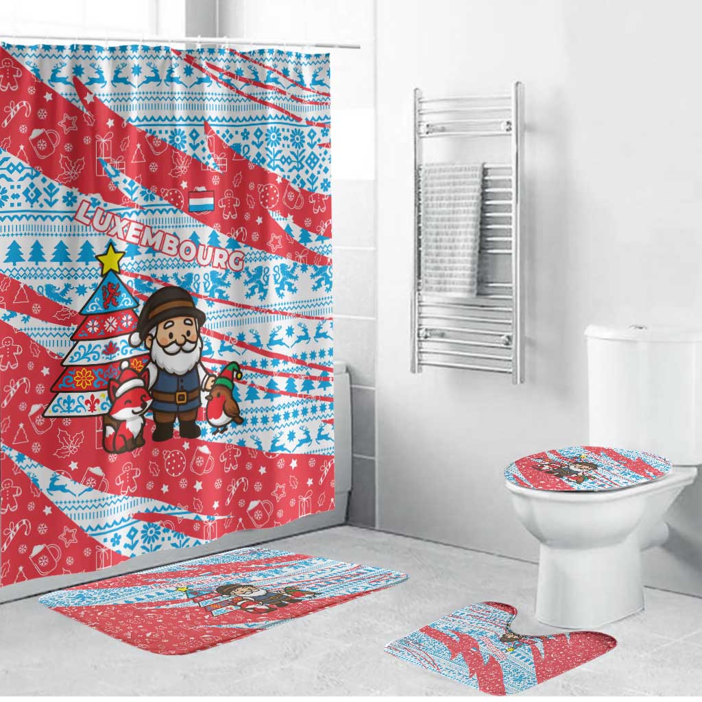 Luxembourg Christmas Bathroom Set with Santa Claus Fox Reindeer Tree and Red Blue Pattern Design - Wonder Print Shop