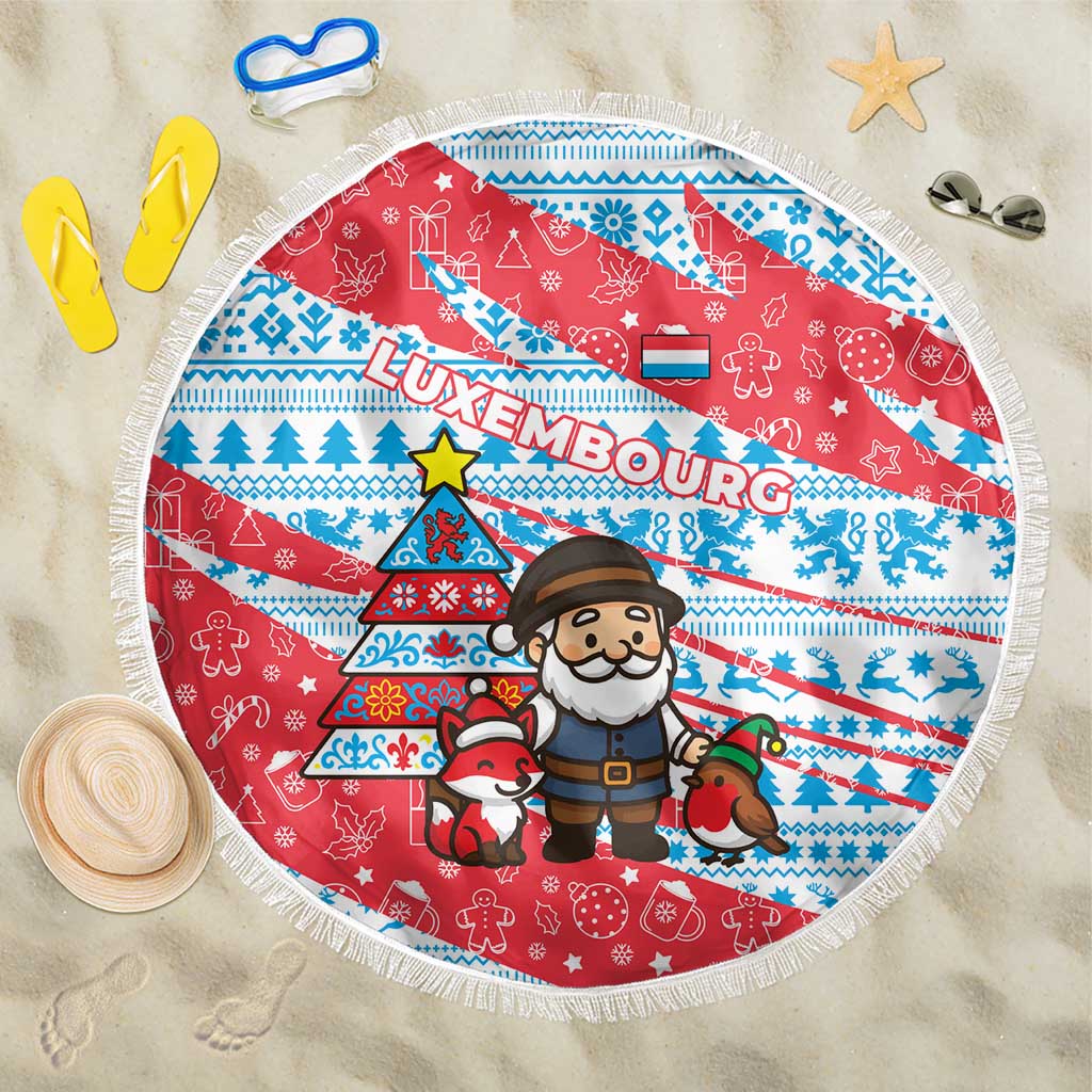 Luxembourg Christmas Beach Blanket with Santa Claus Fox Reindeer Tree and Red Blue Pattern Design - Wonder Print Shop