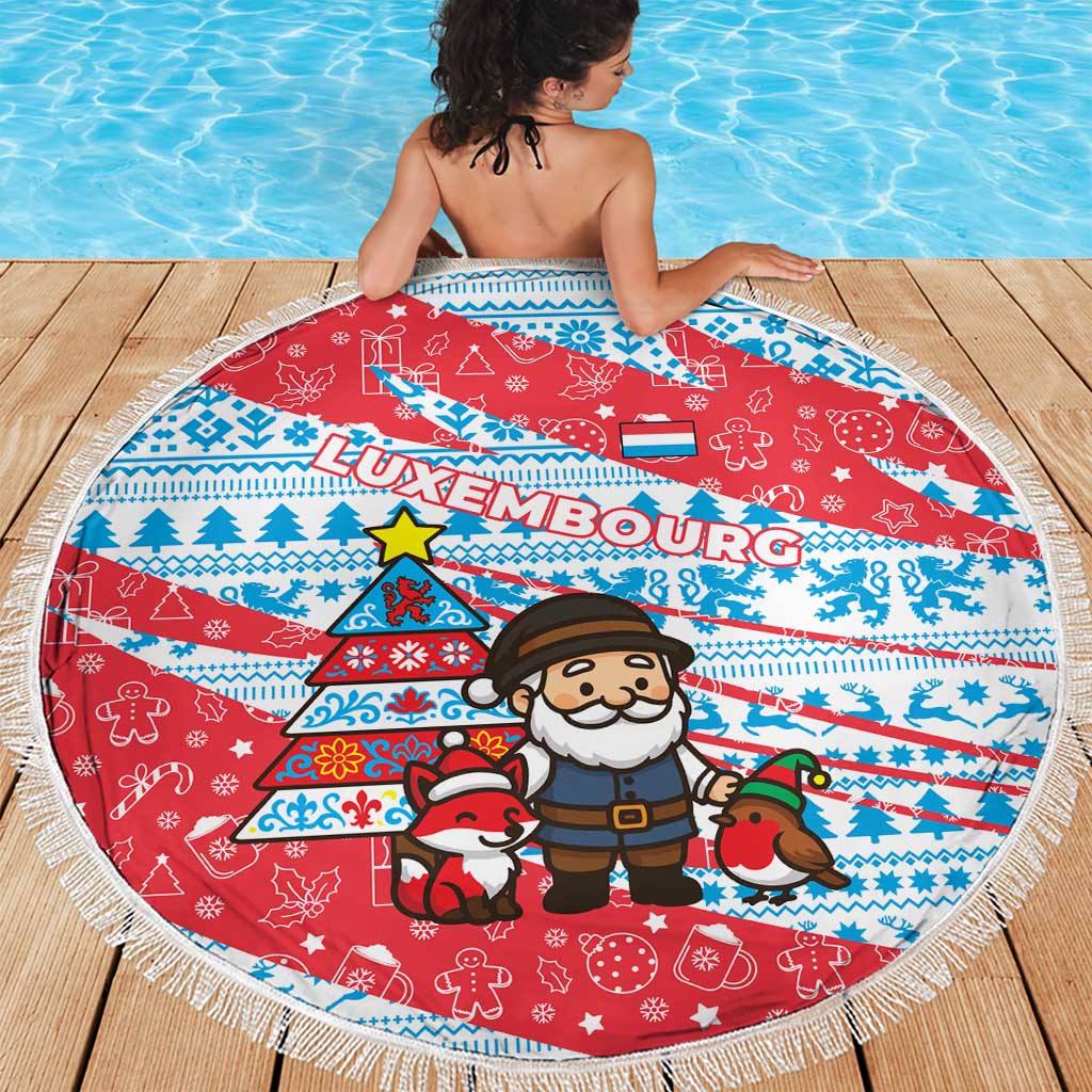 Luxembourg Christmas Beach Blanket with Santa Claus Fox Reindeer Tree and Red Blue Pattern Design - Wonder Print Shop