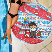 Luxembourg Christmas Beach Blanket with Santa Claus Fox Reindeer Tree and Red Blue Pattern Design - Wonder Print Shop