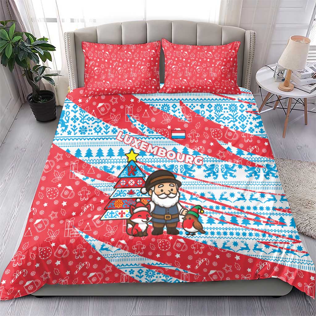 Luxembourg Christmas Bedding Set with Santa Claus Fox Reindeer Tree and Red Blue Pattern Design - Wonder Print Shop