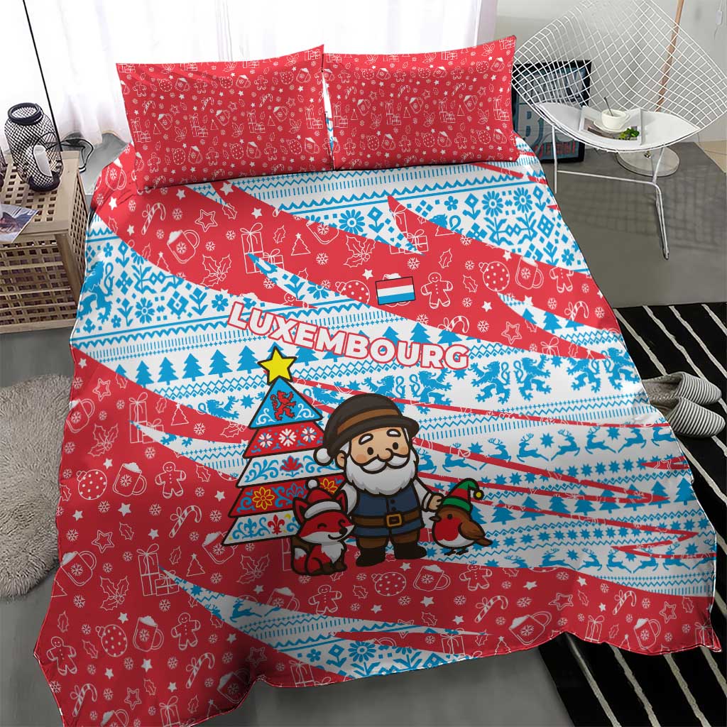 Luxembourg Christmas Bedding Set with Santa Claus Fox Reindeer Tree and Red Blue Pattern Design - Wonder Print Shop