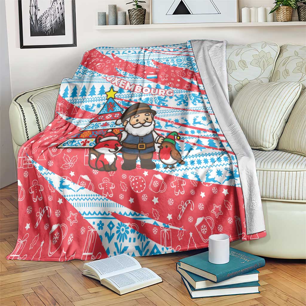 Luxembourg Christmas Blanket with Santa Claus Fox Reindeer Tree and Red Blue Pattern Design - Wonder Print Shop
