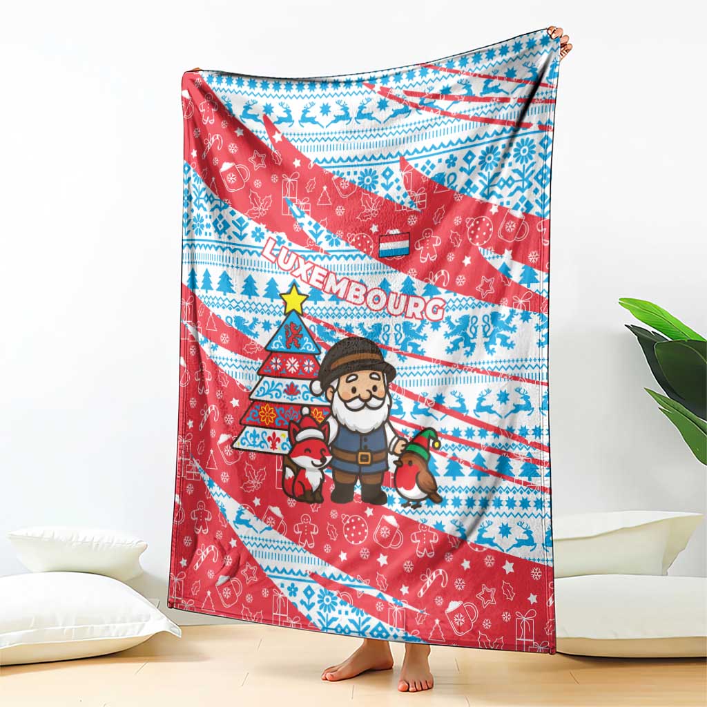 Luxembourg Christmas Blanket with Santa Claus Fox Reindeer Tree and Red Blue Pattern Design - Wonder Print Shop