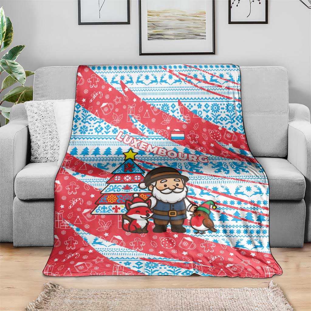 Luxembourg Christmas Blanket with Santa Claus Fox Reindeer Tree and Red Blue Pattern Design - Wonder Print Shop