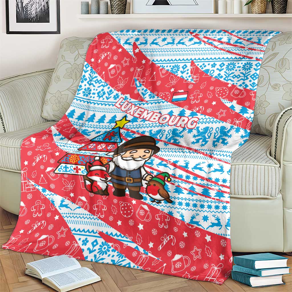 Luxembourg Christmas Blanket with Santa Claus Fox Reindeer Tree and Red Blue Pattern Design - Wonder Print Shop