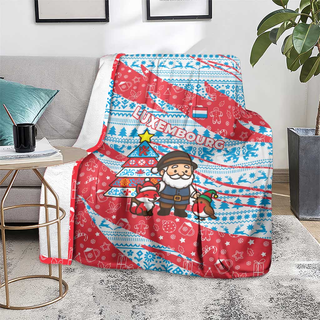 Luxembourg Christmas Blanket with Santa Claus Fox Reindeer Tree and Red Blue Pattern Design - Wonder Print Shop