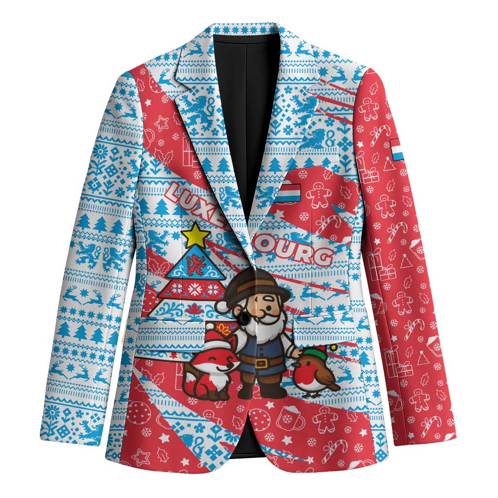 Luxembourg Christmas Blazer with Santa Claus Fox Reindeer Tree and Red Blue Pattern Design - Wonder Print Shop