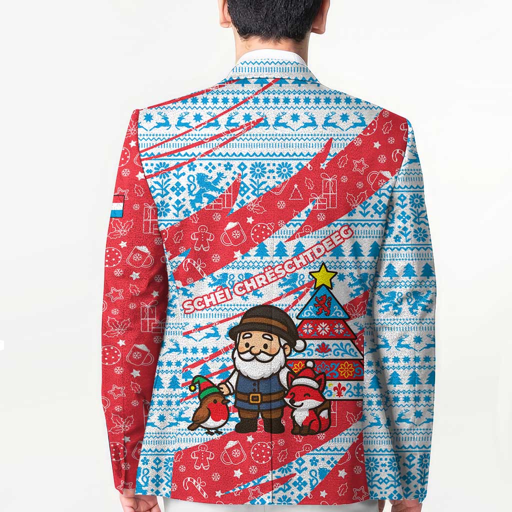 Luxembourg Christmas Blazer with Santa Claus Fox Reindeer Tree and Red Blue Pattern Design - Wonder Print Shop