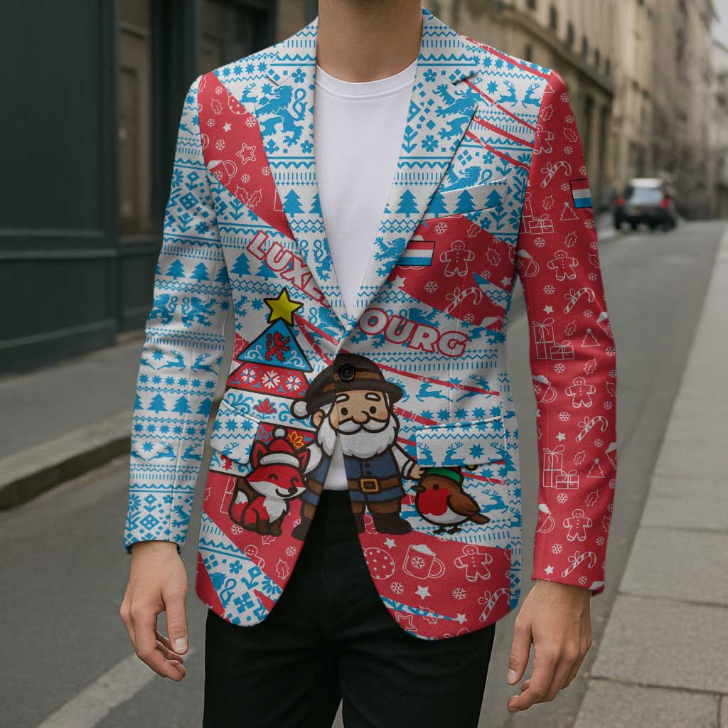 Luxembourg Christmas Blazer with Santa Claus Fox Reindeer Tree and Red Blue Pattern Design - Wonder Print Shop